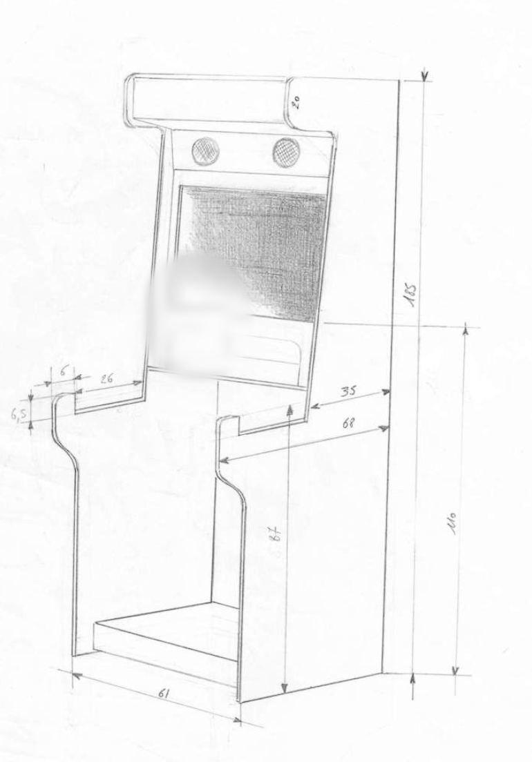 Dessin technique en perspective cotée (Hauteur 185 cm, Largeur 61 cm, Profondeur 68 cm)